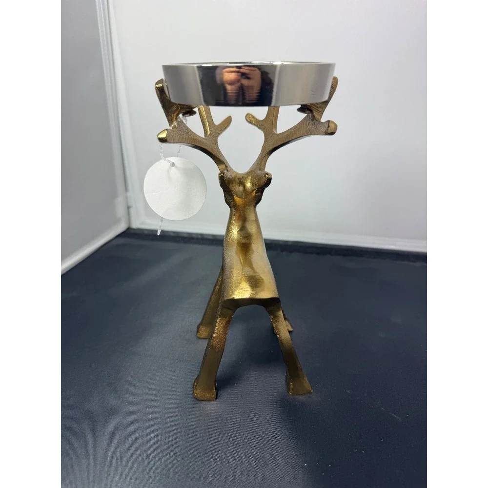 Gold tone brass reinDeer Tea Light Candle Holder Tabletop Decor Accent Christmas